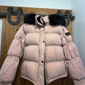 Pink Calvin Klein Puffer Jacket with Black Faux Fur Trim
